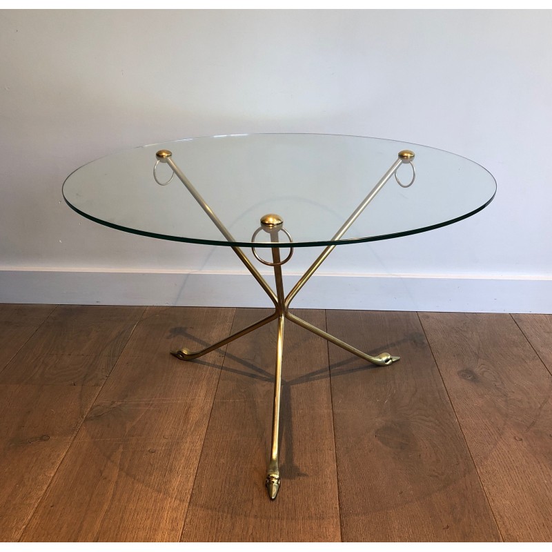 Table Basse en Laiton à Piètement Tripode aux Cols de Cygnes et Plateau de Verre Rond, Maison Jansen