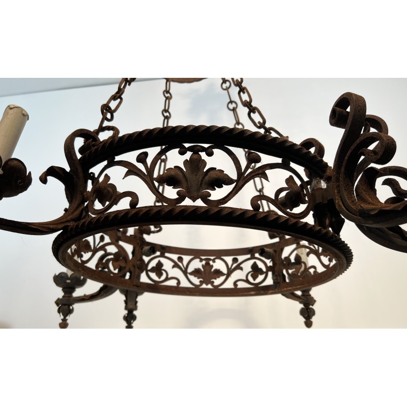 Large Six-Arm Wrought Iron Castle Chandelier in the Gothic Style, French Work, Circa 1900