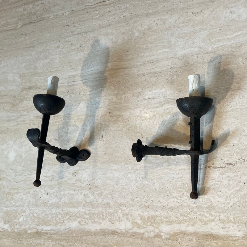 Pair of Gothic Style Wrought Iron Wall Lights