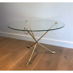 Table Basse en Laiton à Piètement Tripode aux Cols de Cygnes et Plateau de Verre Rond, Maison Jansen