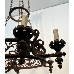 Large Six-Arm Wrought Iron Castle Chandelier in the Gothic Style, French Work, Circa 1900
