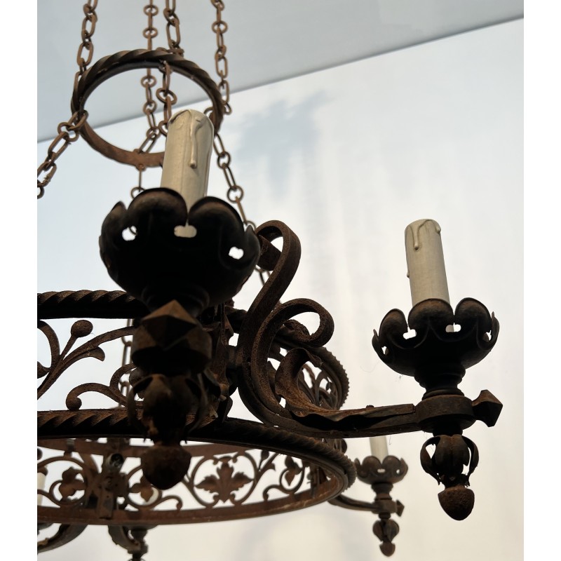 Important Lustre de Château en Fer Forgé à Six Bras de Lumières de Style Gothique, Travail Français, Vers 1900