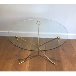 Brass Swan-Neck Tripod Coffee Table with Round Glass Top, Maison Jansen