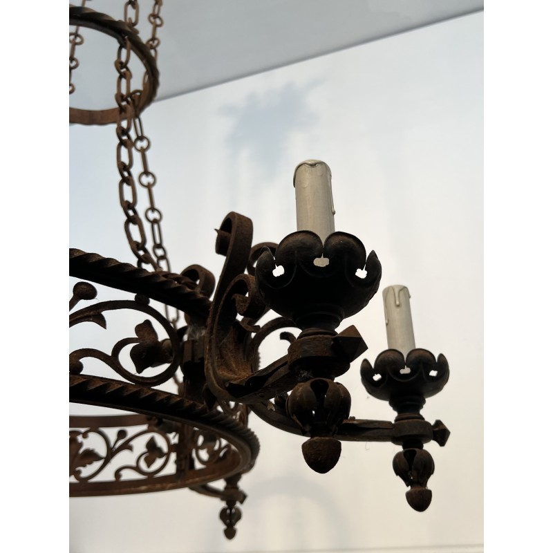 Important Lustre de Château en Fer Forgé à Six Bras de Lumières de Style Gothique, Travail Français, Vers 1900