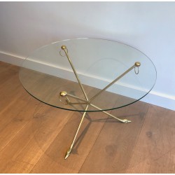 Table Basse en Laiton à Piètement Tripode aux Cols de Cygnes et Plateau de Verre Rond, Maison Jansen