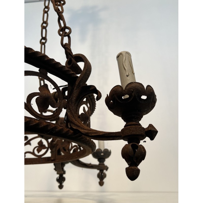 Large Six-Arm Wrought Iron Castle Chandelier in the Gothic Style, French Work, Circa 1900