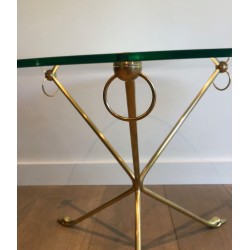 Table Basse en Laiton à Piètement Tripode aux Cols de Cygnes et Plateau de Verre Rond, Maison Jansen