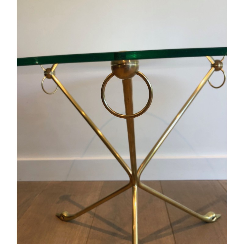Table Basse en Laiton à Piètement Tripode aux Cols de Cygnes et Plateau de Verre Rond, Maison Jansen
