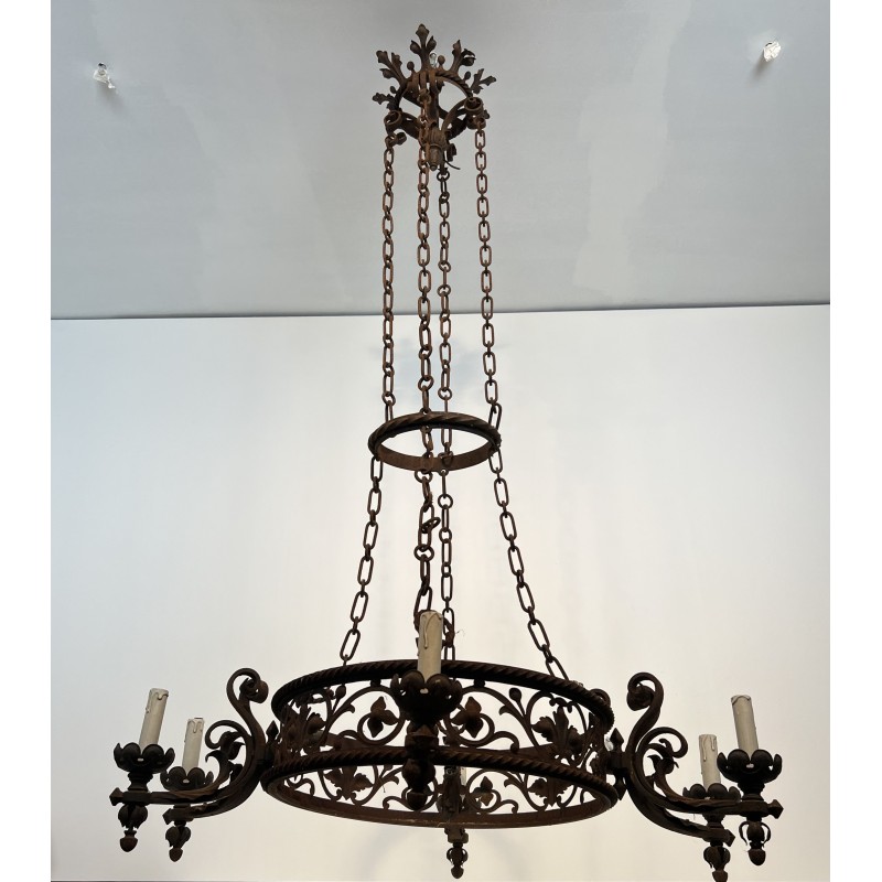 Large Six-Arm Wrought Iron Castle Chandelier in the Gothic Style, French Work, Circa 1900
