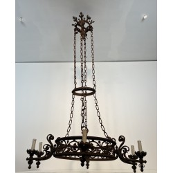 Large Six-Arm Wrought Iron Castle Chandelier in the Gothic Style, French Work, Circa 1900