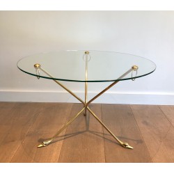 Brass Swan-Neck Tripod Coffee Table with Round Glass Top, Maison Jansen