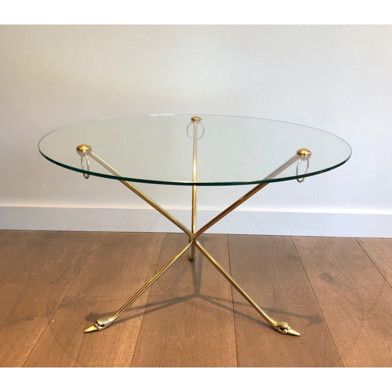 Table Basse en Laiton à Piètement Tripode aux Cols de Cygnes et Plateau de Verre Rond, Maison Jansen