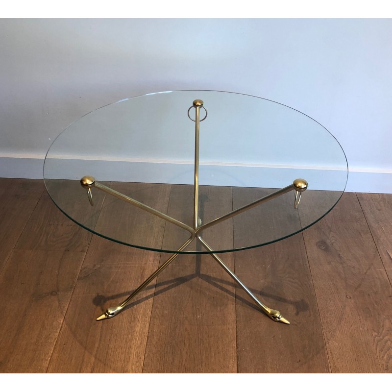 Table Basse en Laiton à Piètement Tripode aux Cols de Cygnes et Plateau de Verre Rond, Maison Jansen