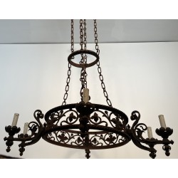 Important Lustre de Château en Fer Forgé à Six Bras de Lumières de Style Gothique, Travail Français, Vers 1900