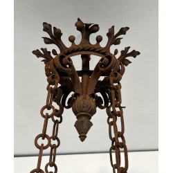 Large Six-Arm Wrought Iron Castle Chandelier in the Gothic Style, French Work, Circa 1900
