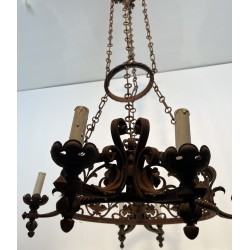 Important Lustre de Château en Fer Forgé à Six Bras de Lumières de Style Gothique, Travail Français, Vers 1900