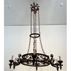 Large Six-Arm Wrought Iron Castle Chandelier in the Gothic Style, French Work, Circa 1900