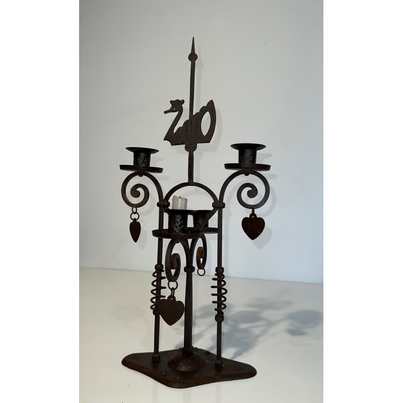 Two-Light Wrought Iron Candlestick in the Form of a Swan, French Work, Circa 1950