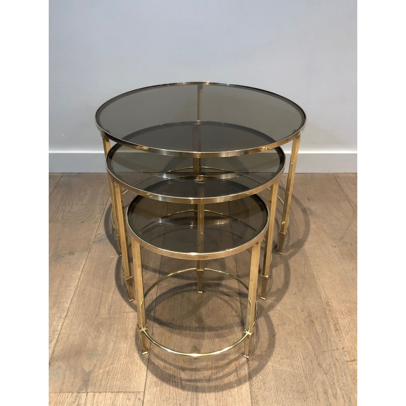 Set of Three Round Brass Nesting Tables with Smoked Glass Tops, Maison Ramsay, Circa 1940