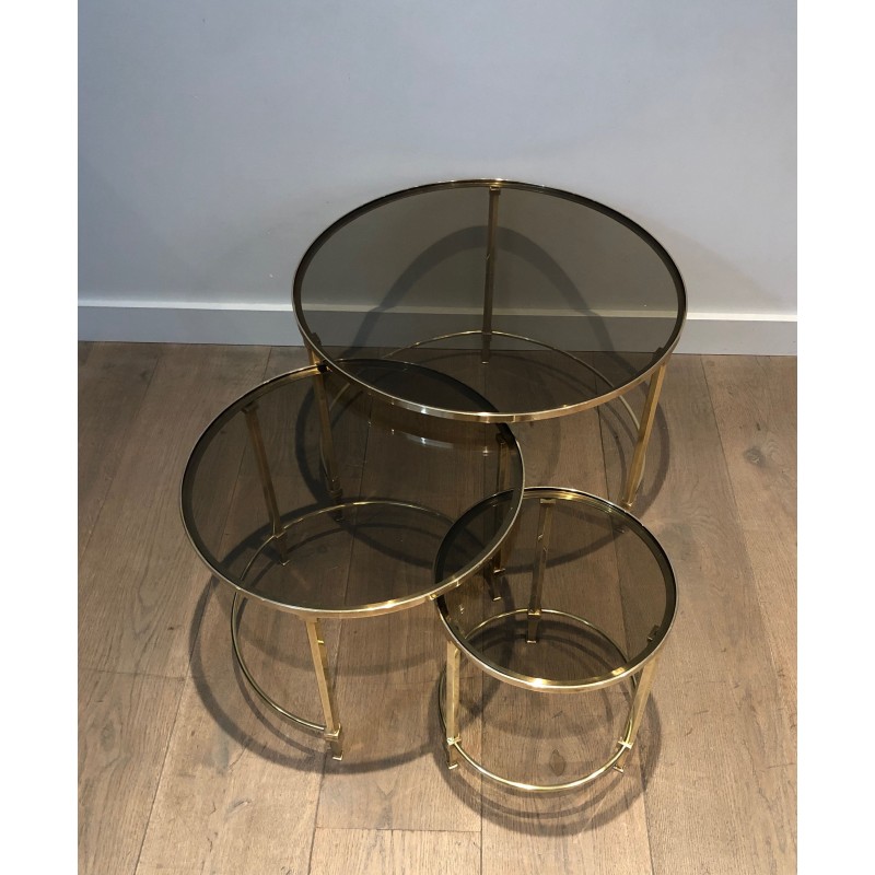 Set of Three Round Brass Nesting Tables with Smoked Glass Tops, Maison Ramsay, Circa 1940