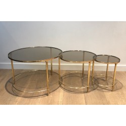 Set of Three Round Brass Nesting Tables with Smoked Glass Tops, Maison Ramsay, Circa 1940