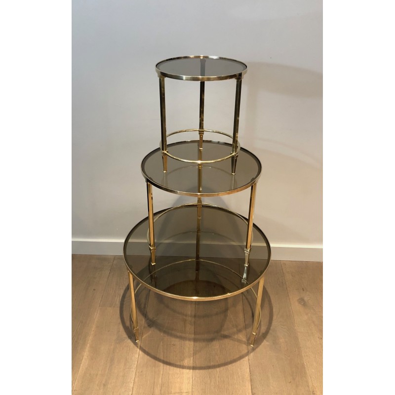 Set of Three Round Brass Nesting Tables with Smoked Glass Tops, Maison Ramsay, Circa 1940