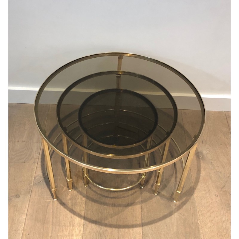 Set of Three Round Brass Nesting Tables with Smoked Glass Tops, Maison Ramsay, Circa 1940