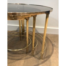 Set of Three Round Brass Nesting Tables with Smoked Glass Tops, Maison Ramsay, Circa 1940