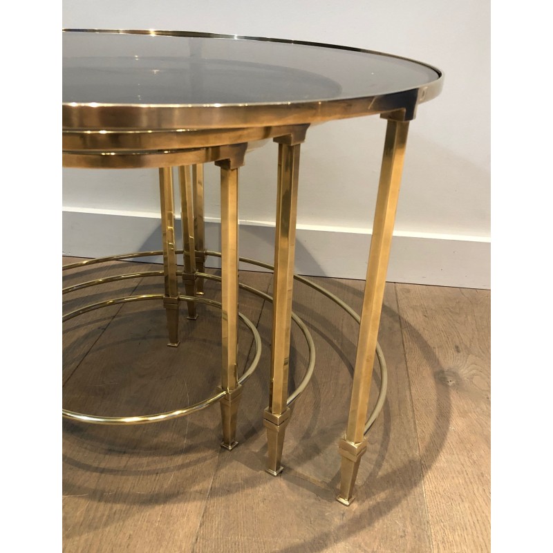 Set of Three Round Brass Nesting Tables with Smoked Glass Tops, Maison Ramsay, Circa 1940
