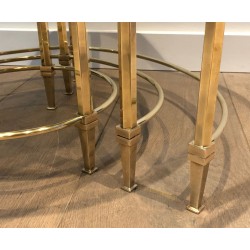 Set of Three Round Brass Nesting Tables with Smoked Glass Tops, Maison Ramsay, Circa 1940