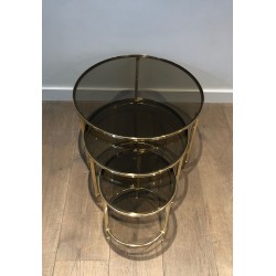 Set of Three Round Brass Nesting Tables with Smoked Glass Tops, Maison Ramsay, Circa 1940