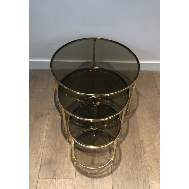 Set of Three Round Brass Nesting Tables with Smoked Glass Tops, Maison Ramsay, Circa 1940