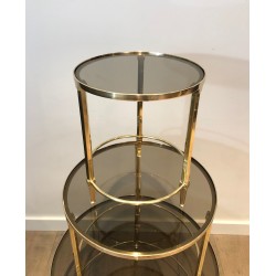 Suite de Trois Tables Gigognes Rondes en Laiton à Plateaux de Verre Fumé, Maison Ramsay, Vers 1940
