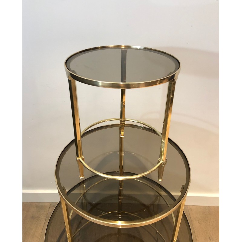 Suite de Trois Tables Gigognes Rondes en Laiton à Plateaux de Verre Fumé, Maison Ramsay, Vers 1940