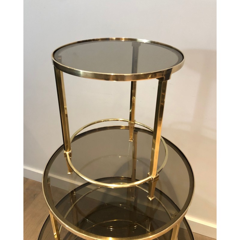 Suite de Trois Tables Gigognes Rondes en Laiton à Plateaux de Verre Fumé, Maison Ramsay, Vers 1940