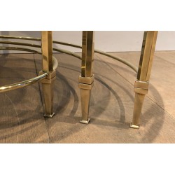 Set of Three Round Brass Nesting Tables with Smoked Glass Tops, Maison Ramsay, Circa 1940