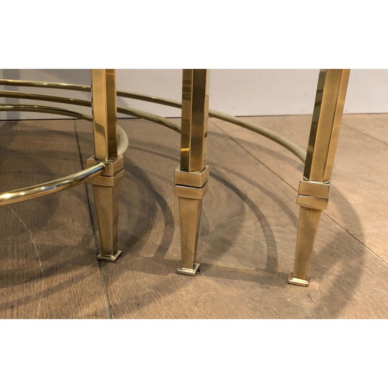 Set of Three Round Brass Nesting Tables with Smoked Glass Tops, Maison Ramsay, Circa 1940