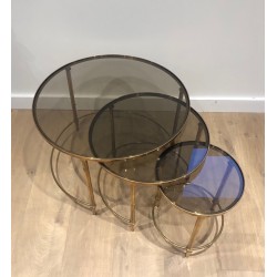 Set of Three Round Brass Nesting Tables with Smoked Glass Tops, Maison Ramsay, Circa 1940