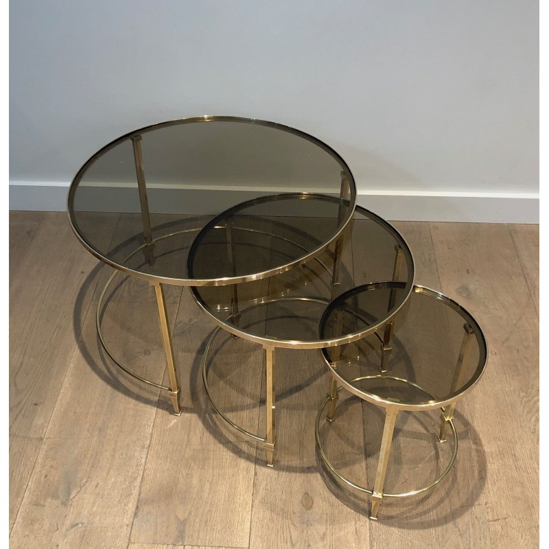 Set of Three Round Brass Nesting Tables with Smoked Glass Tops, Maison Ramsay, Circa 1940