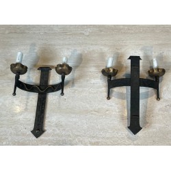 Pair of Wrought Iron Wall Lights with Coat of Arms and 2 Light Arms in the Gothic Style