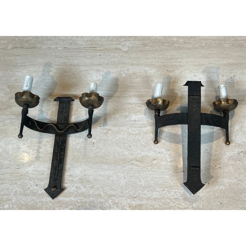 Pair of Wrought Iron Wall Lights with Coat of Arms and 2 Light Arms in the Gothic Style