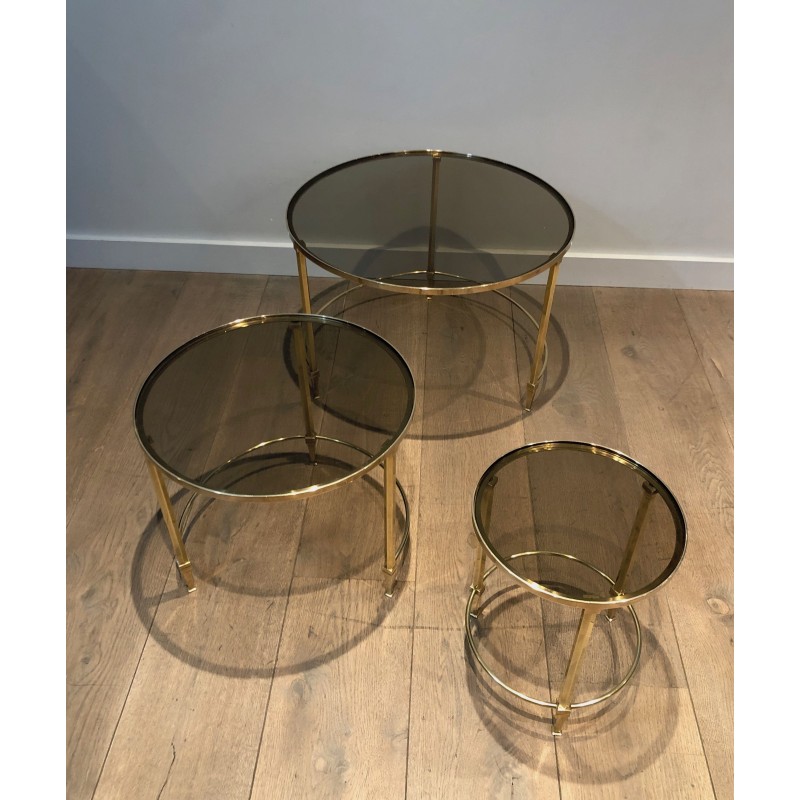 Set of Three Round Brass Nesting Tables with Smoked Glass Tops, Maison Ramsay, Circa 1940