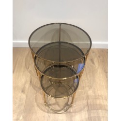Set of Three Round Brass Nesting Tables with Smoked Glass Tops, Maison Ramsay, Circa 1940