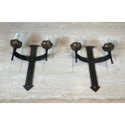 Pair of Wrought Iron Wall Lights with Coat of Arms and 2 Light Arms in the Gothic Style