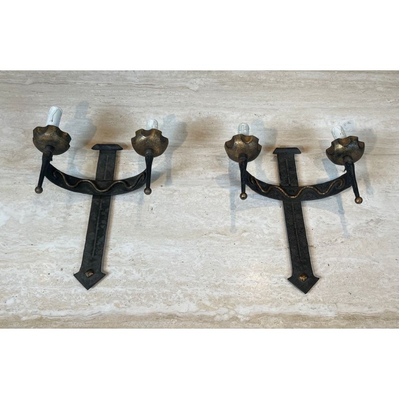 Pair of Wrought Iron Wall Lights with Coat of Arms and 2 Light Arms in the Gothic Style