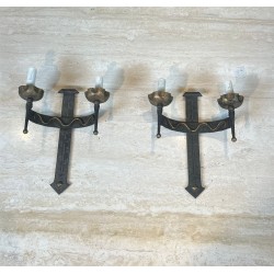 Pair of Wrought Iron Wall Lights with Coat of Arms and 2 Light Arms in the Gothic Style