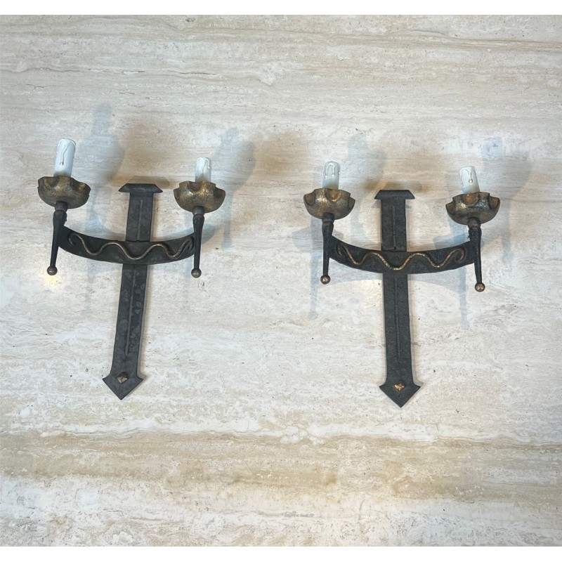 Pair of Wrought Iron Wall Lights with Coat of Arms and 2 Light Arms in the Gothic Style