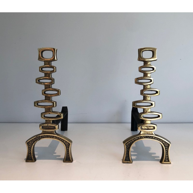 Pair of Modernist Brass Andirons, Italian Work, Circa 1970