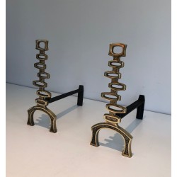 Paire de Chenets Modernistes en Laiton, Travail Italien, Vers 1970