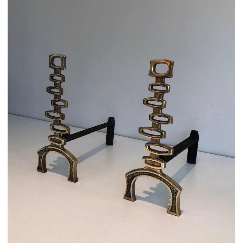 Paire de Chenets Modernistes en Laiton, Travail Italien, Vers 1970